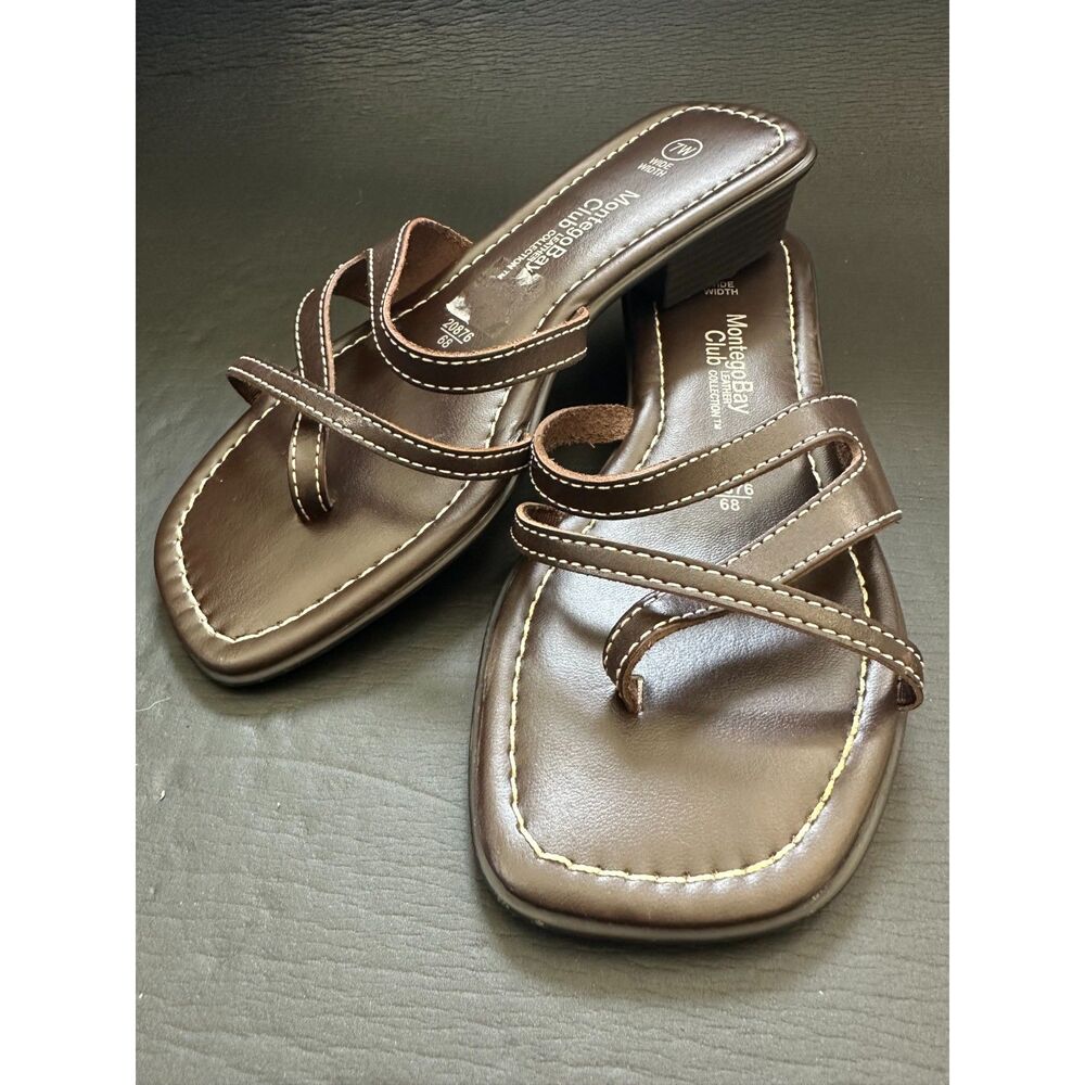 Montego Bay Club Leather Y2k Sandals Brown Strappy Toe Ring Wedge Slide 7W Wide